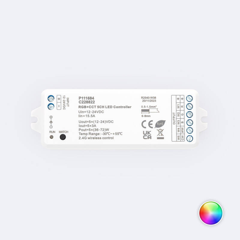 Imagem de Controlador Regulador LED 12/24V DC para Fita LED RGBWW Compatível com Comando RF