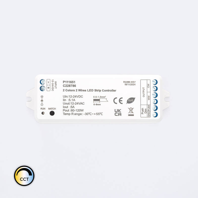 Imagen de Controlador Regulador Tira LED CCT 12/24V DC 2 Cables Compatible con Pulsador y Mando RF