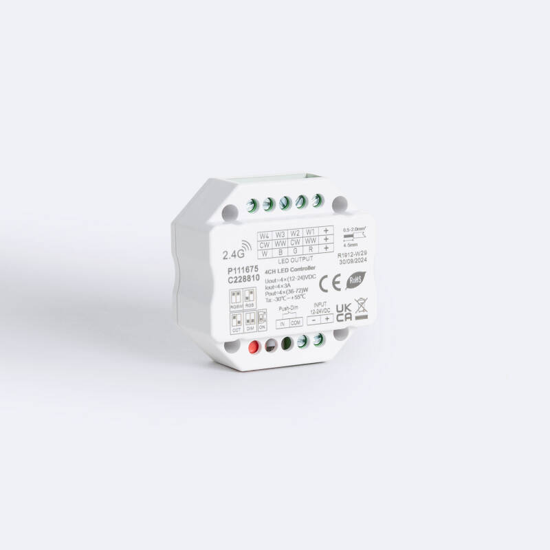 Imagem de Controlador Regulador LED RF 12/48V DC para Fitas LED Monocor CCT/RGB/RGBW compatível com botão de pressão e controlador RF