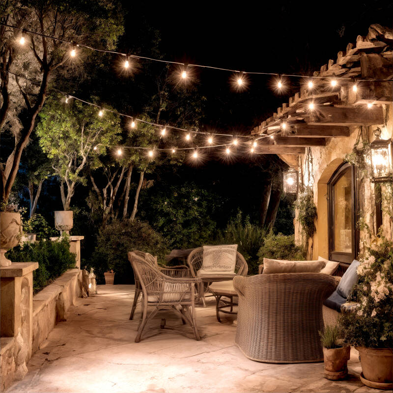 Imagem de Kit Grinalda Luzes Exterior IP44 10m Preto + 10 Lâmpadas Filamento LED B22 6W G95