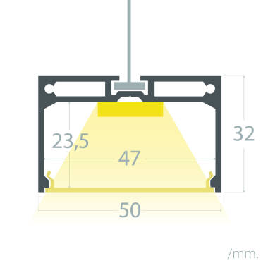 Perfil de Alumínio Tamanho Grande para Suspensão com Tampa Contínua para Fita LED até 45 mm