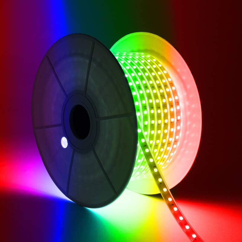 Imagen de Tira LED RGB 220V SMD 60 LED/m BOBINA 50m 9.5W/m Ancho 14.5mm Corte 100cm IP65 con Mando