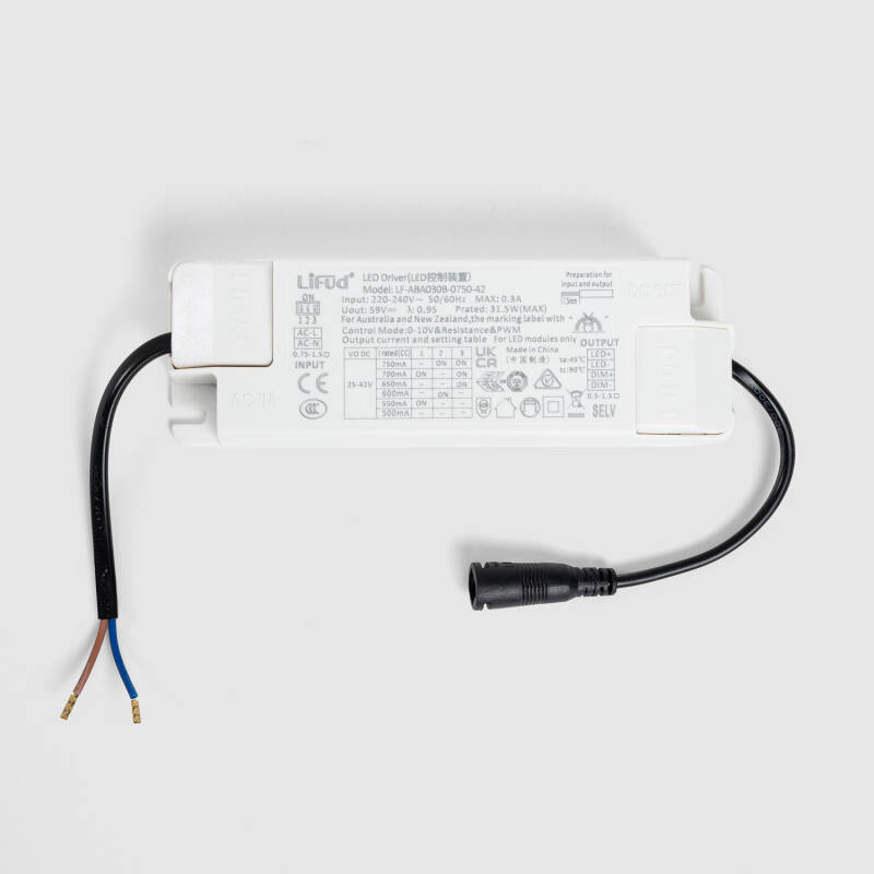 Imagem de Driver LIFUD Regulável 0-10V 220-240V No Flicker Saída 25-42V DC 500-750mA 12.5-31.5W LF-ABA030-0750-42