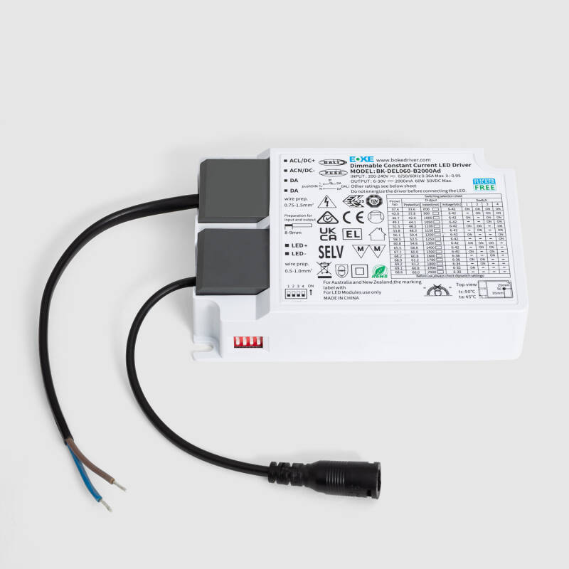 Imagem de Driver BOKE Regulável DALI/PUSH 200-240V No Flicker Saída 6-30V 800-2000mA 60W BK-DEL060-B2000Ad