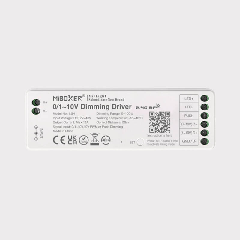 Imagem de Regulador LED 0/1-10 V para Fitas LED 12-24-48 V MiBoxer LS4 Compatível com Controlo Remoto RF e Botão
