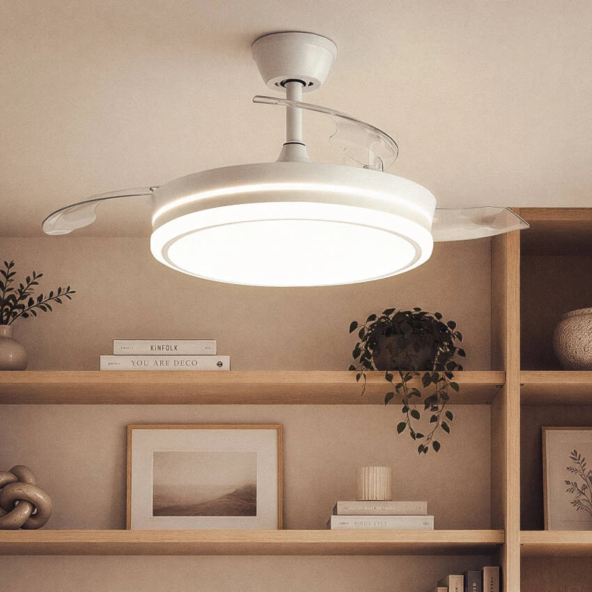 Ventoinha de teto com luz silenciosa DC com pás retráteis Dalori Evo
