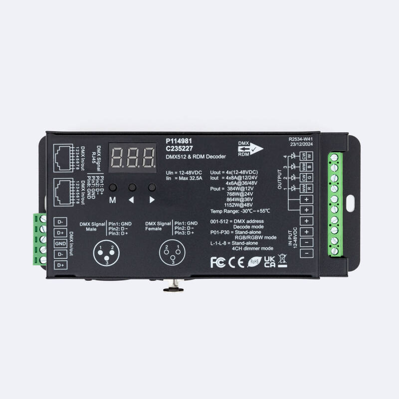 Imagen de Decodificador DMX512 y RDM 4 Canales 12-48V SKYDANCE D4-XE con Puerto XLR5