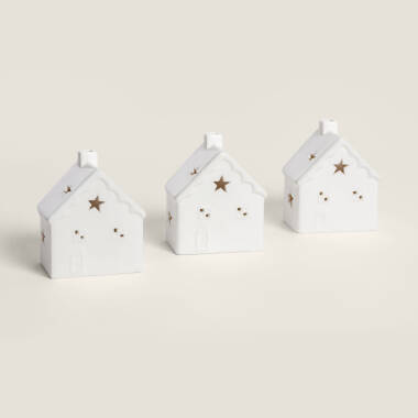Conjunto de 3 Casinhas de Natal Decorativas com LED em Cerâmica Ivoria