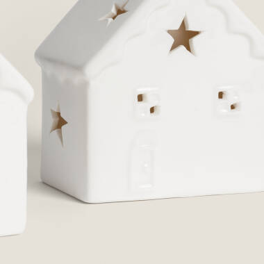 Imagem de Conjunto de 3 Casinhas de Natal Decorativas com LED em Cerâmica Ivoria