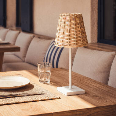 Lámpara de Mesa LED Portátil Exterior con Batería USB Recargable Aluminio y Ratán Medinilla