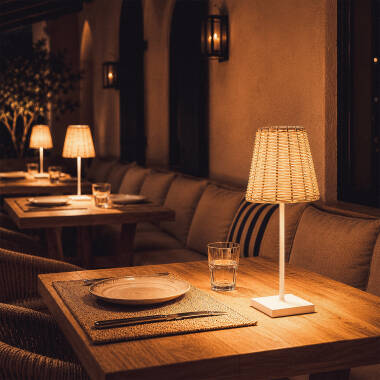 Imagen de Lámpara de Mesa LED Portátil Exterior con Batería USB Recargable Aluminio y Ratán Medinilla