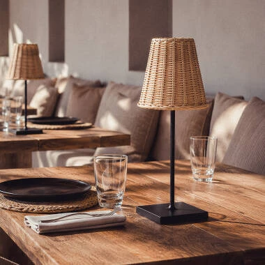 Lámpara de Mesa LED Portátil Exterior con Batería USB Recargable Aluminio y Ratán Medinilla