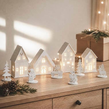 Aldea Navideña Decorativa LED de Madera Luvia