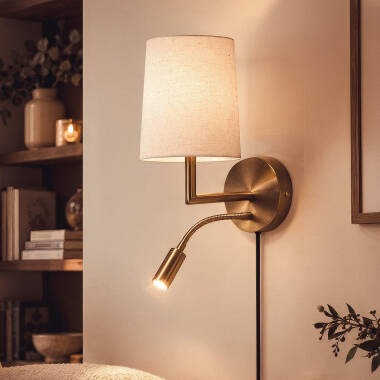 Aplique de Parede com Abajur em Metal e Linho e Luz de Leitura Anji