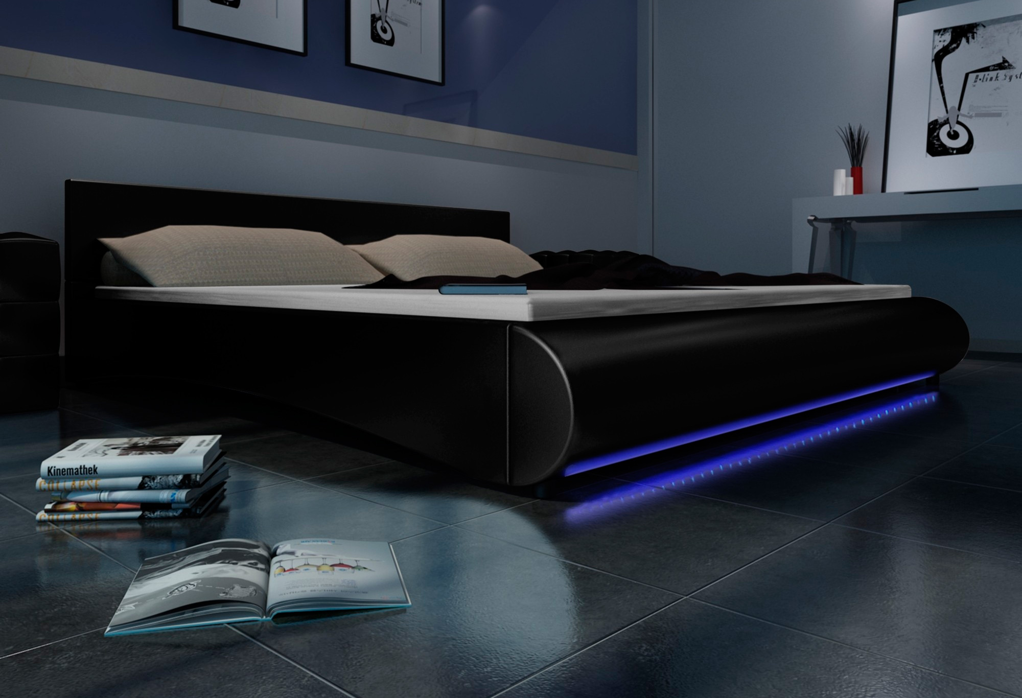 Base de cama decorada com tiras de LED