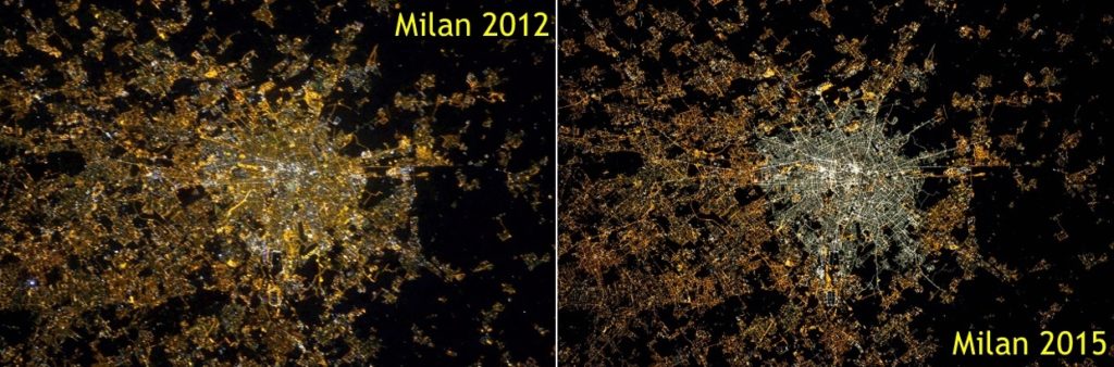 Die Stadt Mailand aus dem Weltraum gesehen, ohne LEDs und mit LEDs