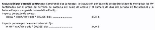 Parte de la factura que hace referencia a la potencia contratada