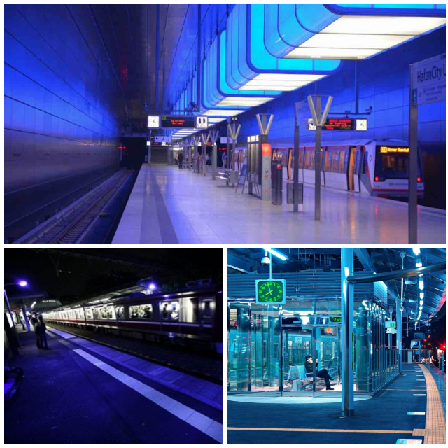 Blauw verlichte metrostations