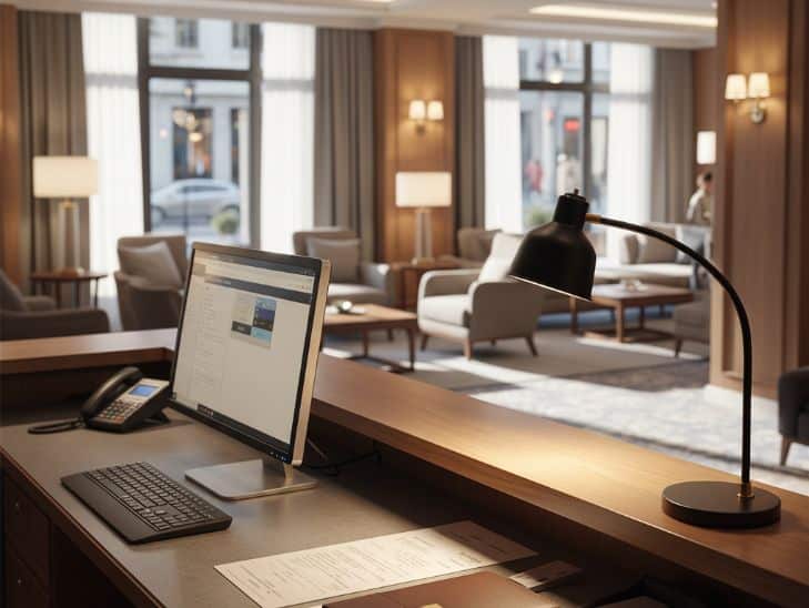 recepcja hotelowa z oświetleniem roboczym