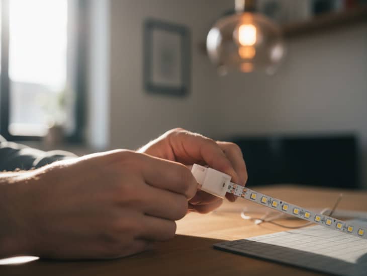 Osoba správně izoluje konec LED pásek pomocí konektoru.