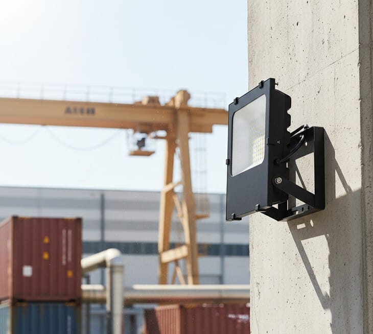 Proyector LED exterior en zona industrial expuesto al calor