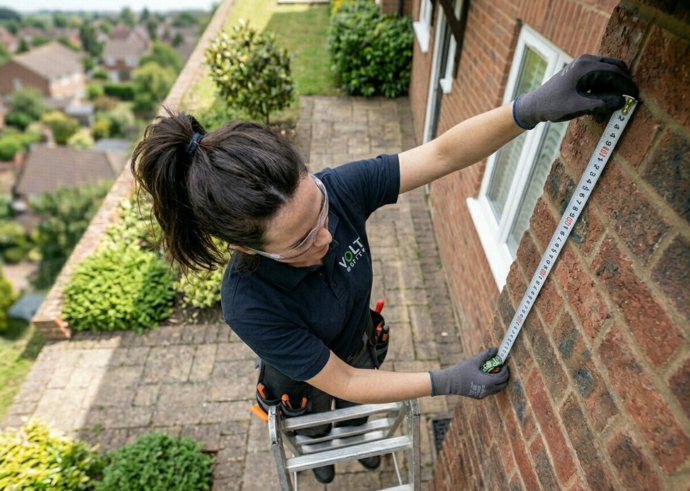 Een vakman die de juiste hoogte meet voor de installatie van een LED-buitenprojectoren voor buiten