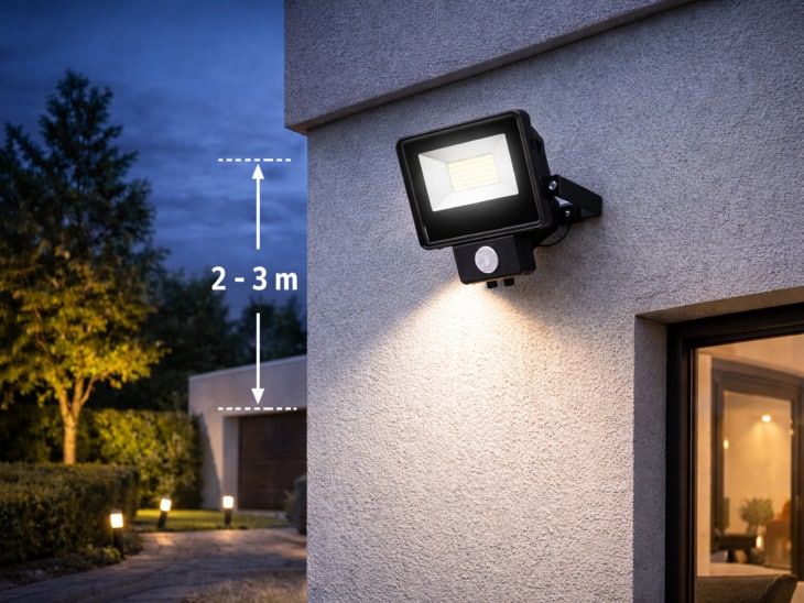 Foco proyector con sensor de movimiento en una zona residencial instalado a una altura de entre 2 y 3 metros