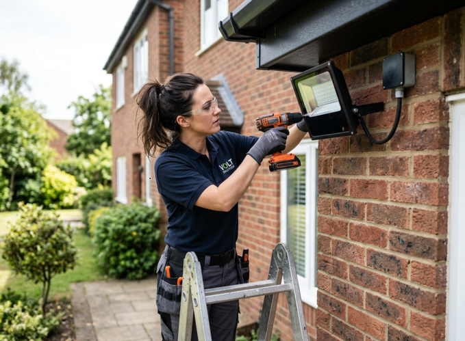 Profesional instalando proyector LED exterior correctamente