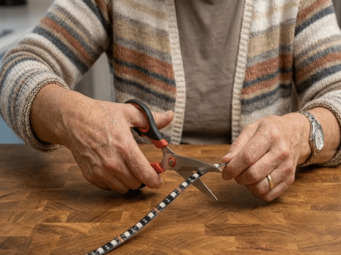 Mulher mostra como cortar corretamente uma fita LED 