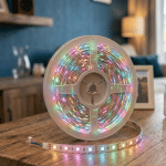¿Cómo eliminar el parpadeo en una tira led? Rollo tira LED encima de una mesa