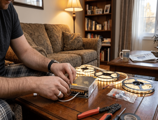 Pessoa a ligar uma fonte de alimentação de qualidade a uma fita LED