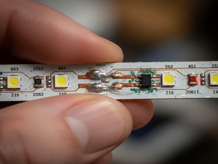 Tira led RGB con soldadura mal hecha y corrosión