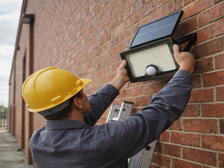 Profesional realizando una instalación del foco proyector con sensor de movimiento en una zona industrial exterior