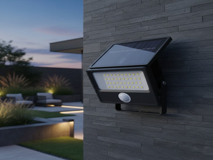 Foco proyector LED con sensor de movimiento en una fachada residencial