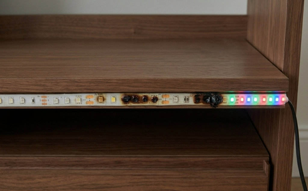 tira LED RGB quemada y con el material descompuesto