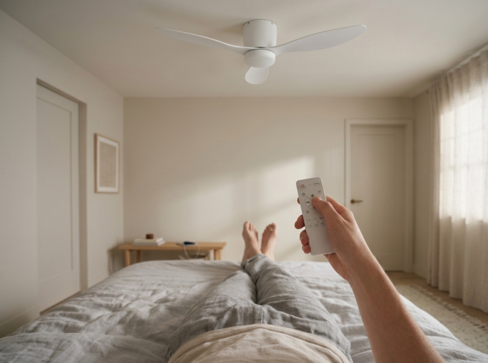 Een jongen die op zijn bed ligt en met een afstandsbediening een plafondventilator met Lamp