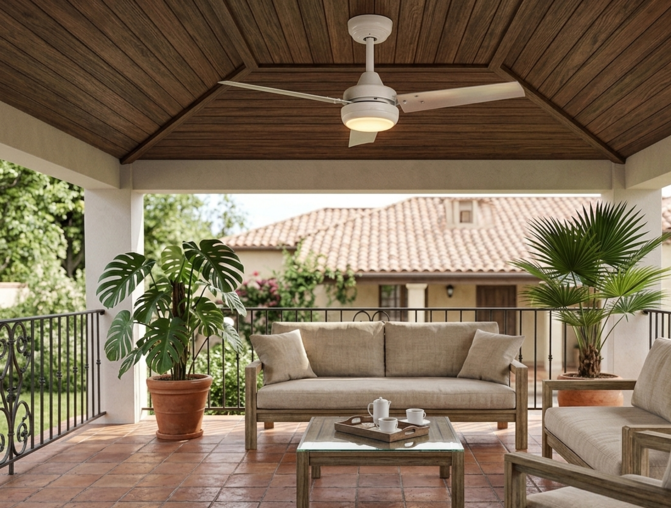 Plafondventilator Outdoor, geïnstalleerd op een veranda 