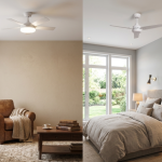 Ventilador de techo con luz o sin luz: cuál elegir según tu caso Ventilador de techo con luz en una habitación sin fuente de luz externa y ventilador de techo sin luz en una habitación con fuentes de luz externa