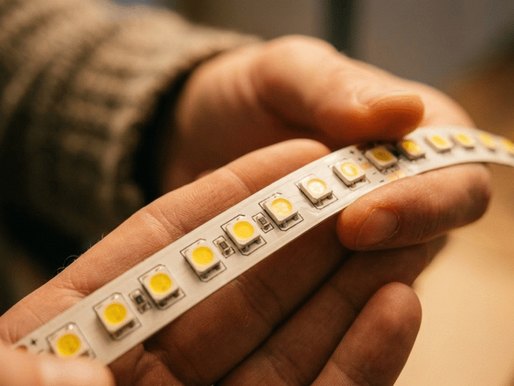 Persona sosteniendo una tira LED con un Chip LED de calidad 
