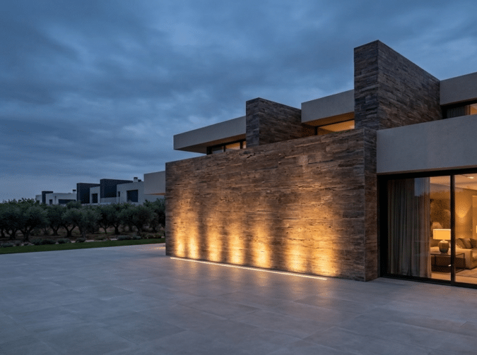 Casa moderna con bañadores de pared LED iluminando la fachada exterior