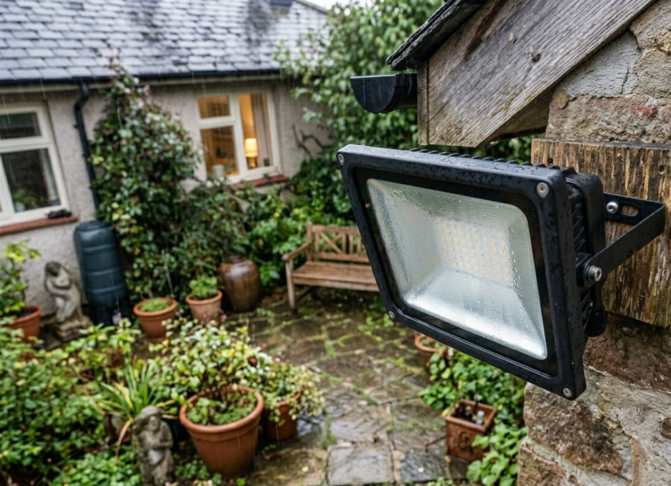 Naświetlacze LED w dzielnicy mieszkalnej, w którym wewnątrz gromadzi się para wodna