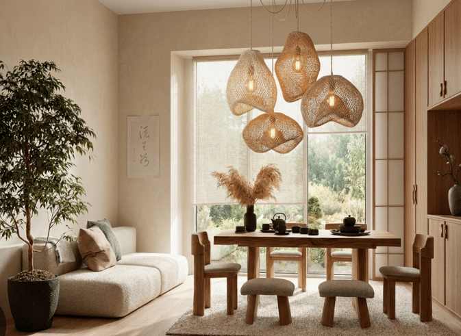 Salon aménagé dans un style Japandi naturel