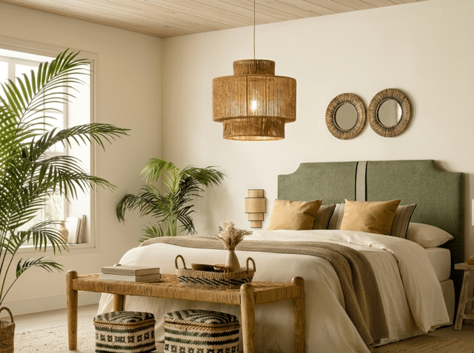 Une chambre à coucher décorée dans un style naturel, avec des tons ocres et des plantes