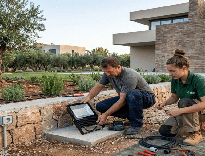 Profesionales realizando una instalación correcta de un proyector LED de exterior
