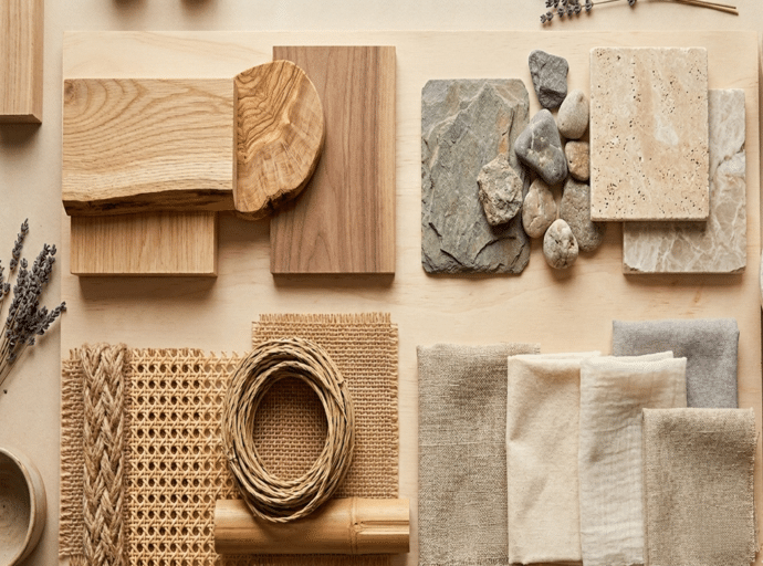 Une palette de matériaux au style naturel : bois naturel, pierre, fibres végétales et tissus naturels