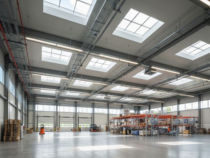 industrial building with skylights and dimmable lighting