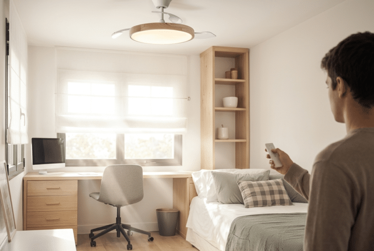 Un garçon allume un ventilateur de plafond silencieux DC à l'aide d'une télécommande