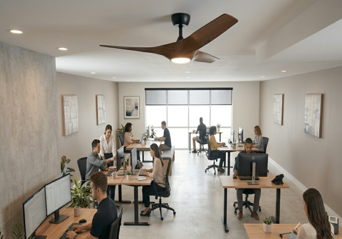 Bureau équipé d'un ventilateur de plafond silencieux DC, idéal pour les environnements où le bruit est à proscrire