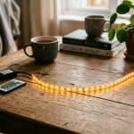 Tira LED encendida encima de una mesa