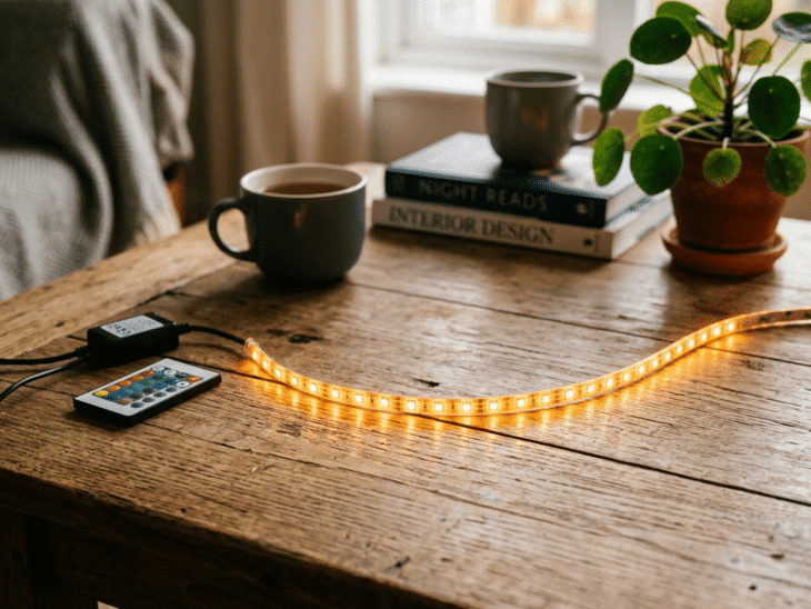 Tira LED encendida encima de una mesa